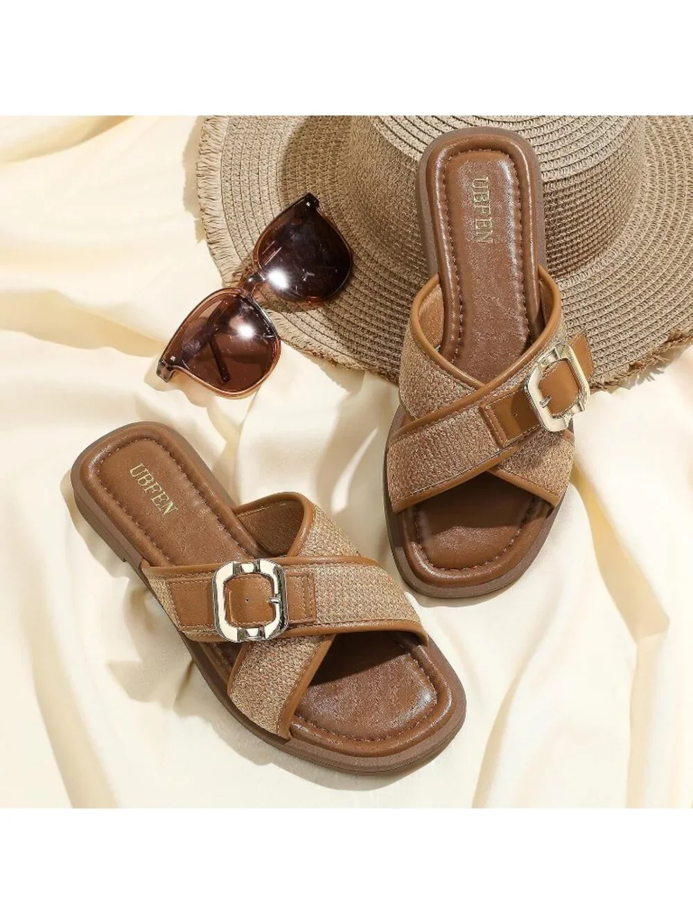 Women's Tan Square Toe Flat Sandals Slides Dressy Comfortable for Casual